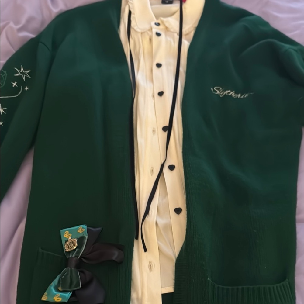 Slytherin Green Cardigan with button up shirt / heart shaped buttons